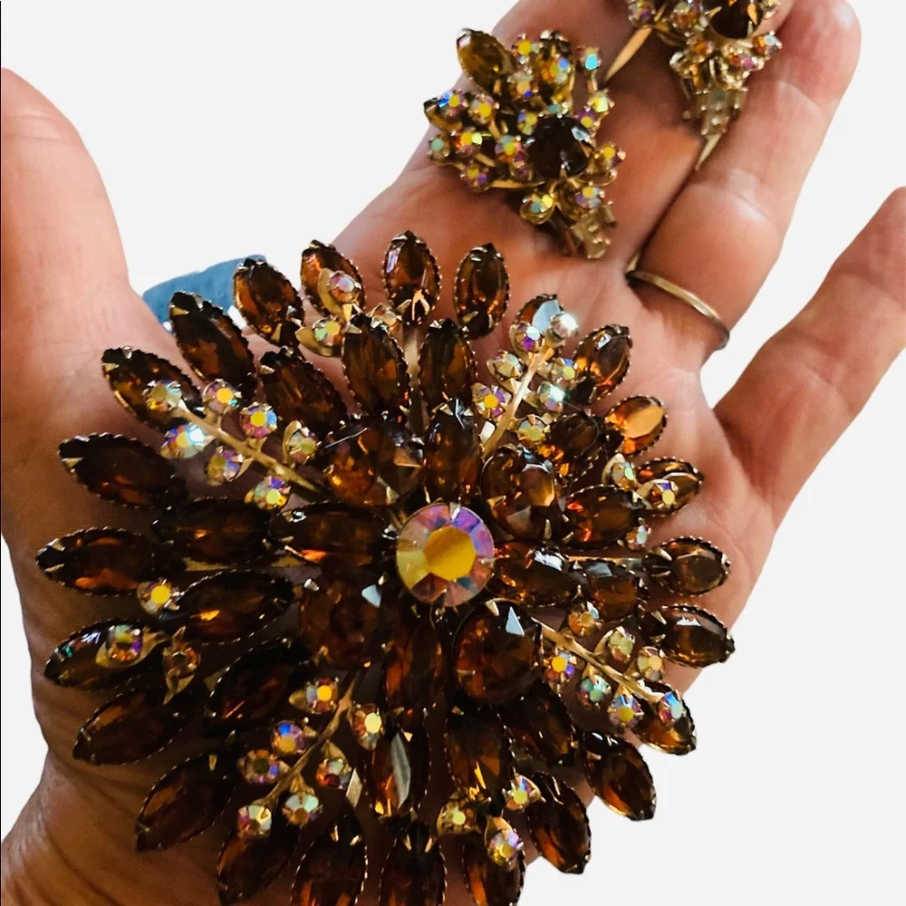 Stunning Huge Vintage Topaz and AB Rhinestone Brooch Earring Set